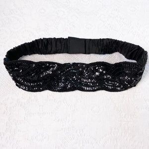 Vintage Women's Black Beaded Sequin Elastic Belt 28" X 3" Size M.